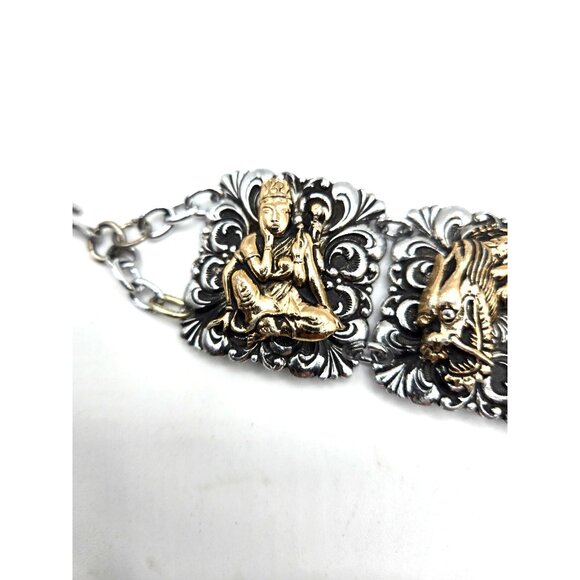 Vintage Mixed Motif Charm Panel Bracelet Buddha Dragon Nefertiti Egypt - Picture 6 of 8